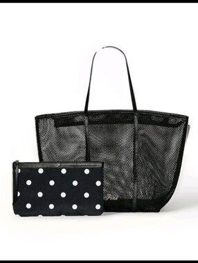 Victoria's Secret PINK Black Mesh Tote Bag with Black Polka Dot Pouch